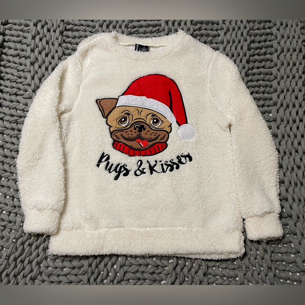 Kristin Nicole White Christmas Pugs & Kisses Sherpa sweater women size Medium
